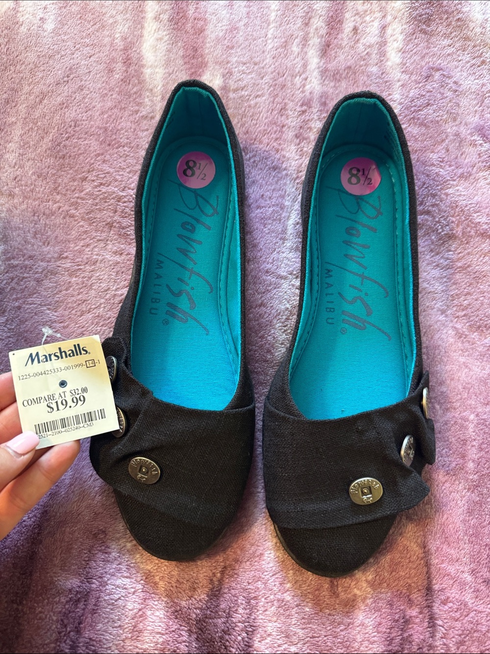 Blowfish Black Canvas Ballet Flats with Teal Insole